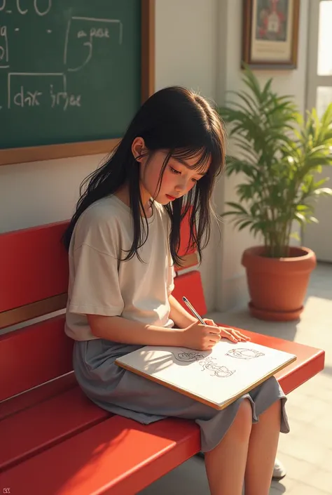 A girl sitting on a red bench while drawing 
In a school 