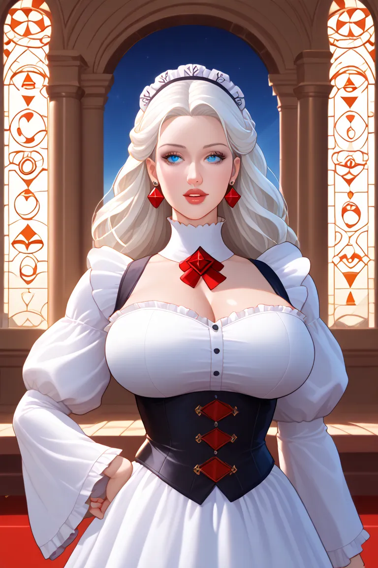 ((masterpiece)), single cabin, slurp, masterpiece, mini skirt, masterpiece, mini skirt, amazing quality, very aesthetic, absurdres, newer, landscape, a girl, Alone, Big breasts, white hair, long hair, blue eyes, white hair, Maid, vestido negro con blanco y...