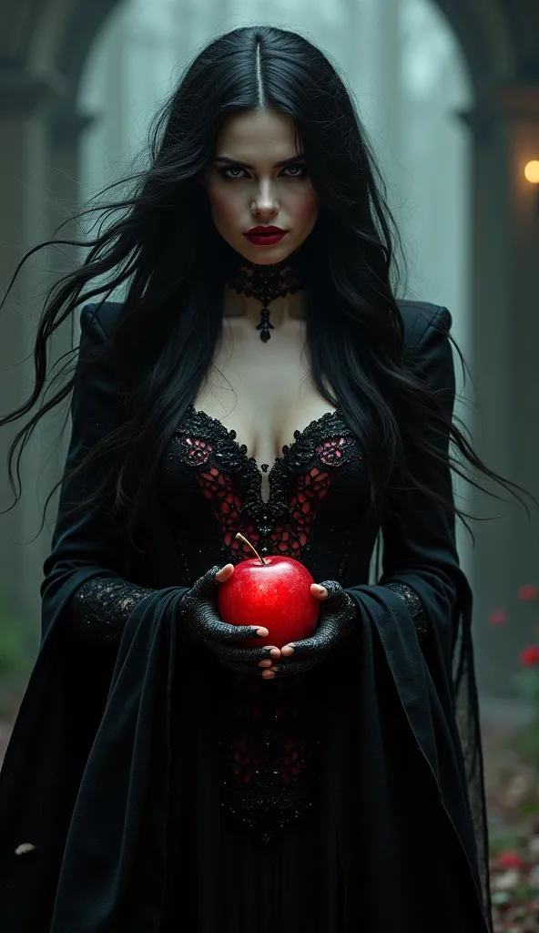 fille,cheveux longs noirs，black queen，Accessories， Apple in hand，poison apples， witch queen，Red lipstick