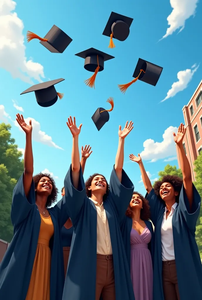 group of 5 multiracial students throwing their caps in the sky