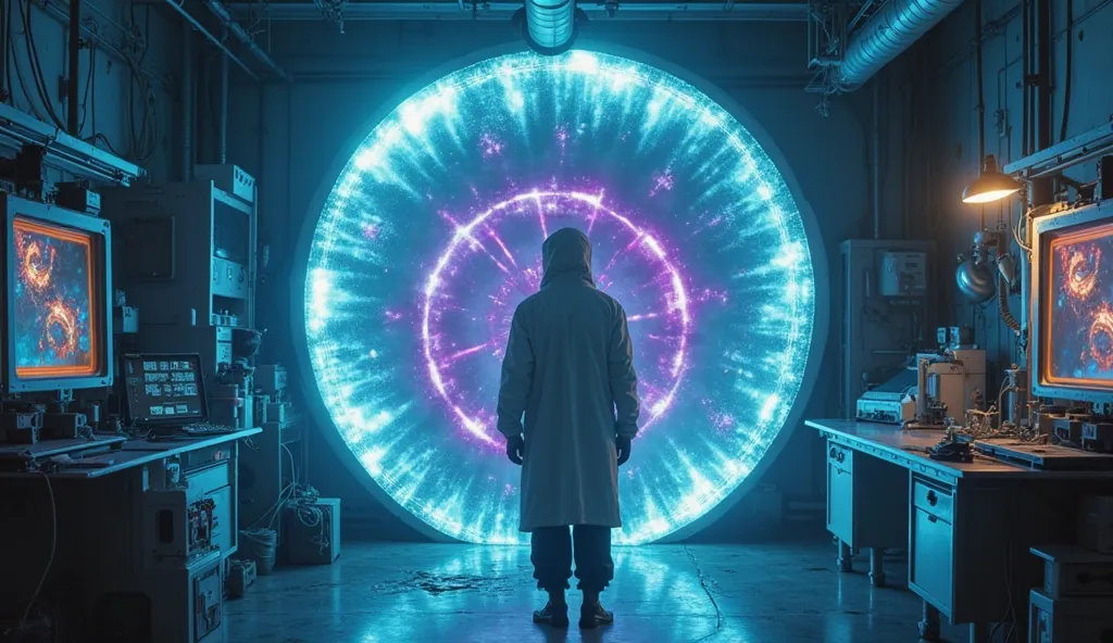 A surreal cinematic scene inspired by 'The Gateway (2018)’. A scientist wearing a white dust cover stands in front of a glowing portal of blue and purple energy, reflecting their image in an alternate world. On the other side of the portal, her alternative...