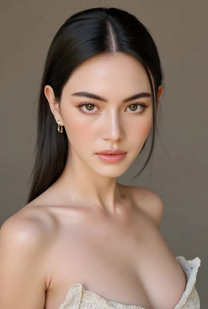 ((3D)), Mai Davika Hoorne, slim face, full body photo of beautiful pale skin woman holding her chest in sensual position, her breasts are very big, her nipples are very perky, and her cleavage is very tight, the shape is suitable for being a good breeder, ...