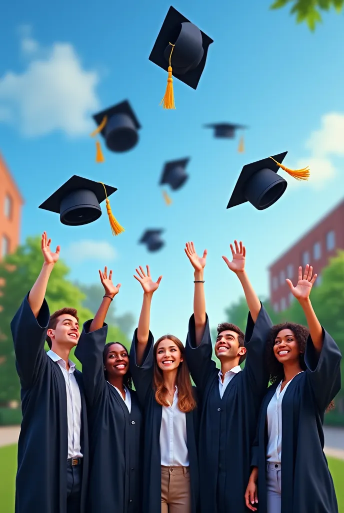 group of 5 multiracial students throwing their caps in the sky