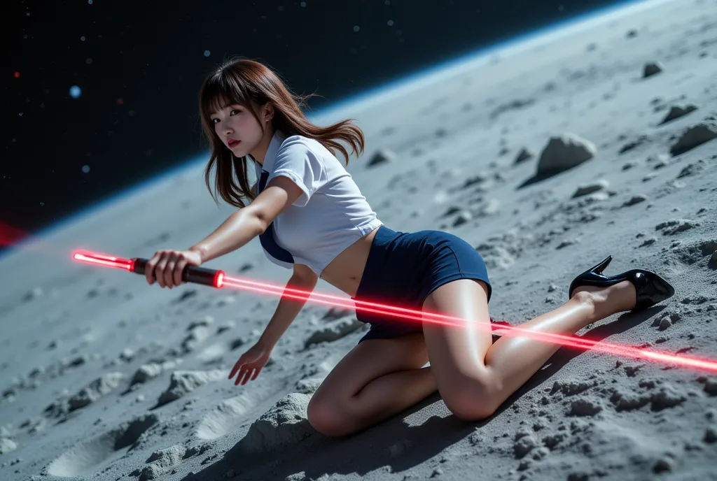 Sexy beautiful Japanese woman, a self defense officer uniform, wearing a white short-sleeved shirts, navy blue tie, navy blue pencil skirt, Black patent high heels, beautiful hip-line, Beautiful thighs, a woman on the moon, A woman fighting on the space st...