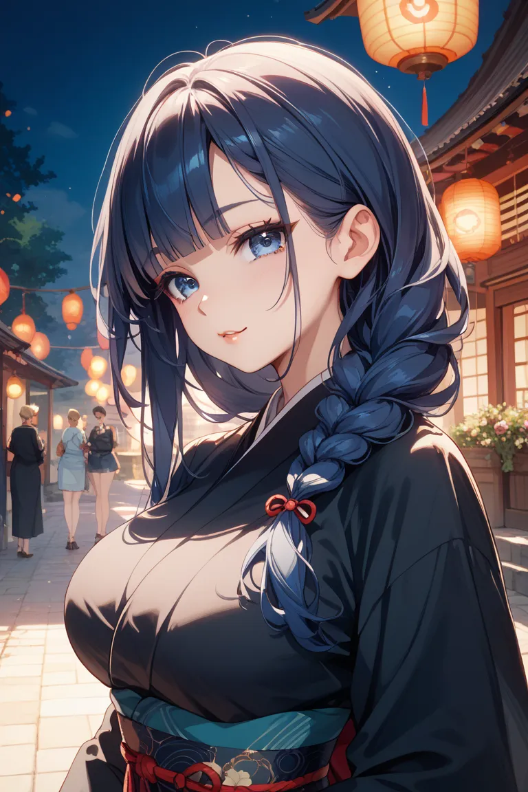 dark blue hair、straight long hair、Braiding hair、 straight bangs、cut、large, dark blue eyes、Unruly 、long lashes、cute face、adults、big breasts、black kimono