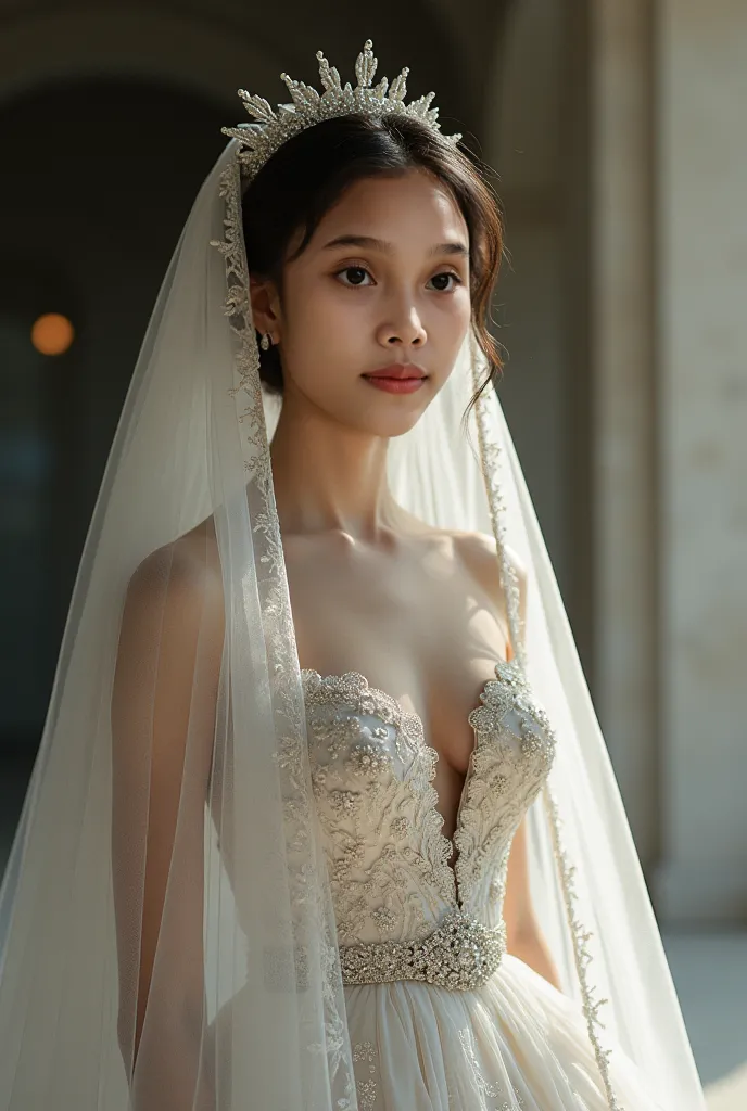 Professional, standing condition, wearing veil, wearing wedding dress, bold makeup 