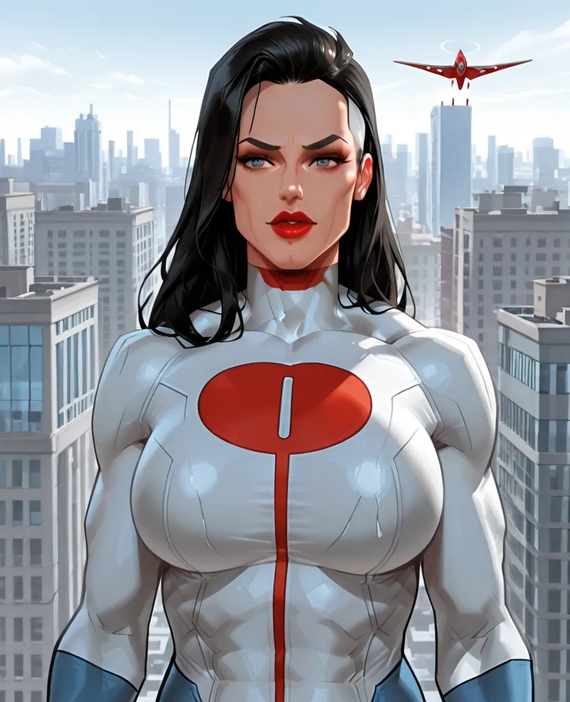 Omni-Man / Nolan Grayson - Invincible ,  women's body, layer , long hair , red lipstick, flying,  background buildings , vestida de Omni-Man