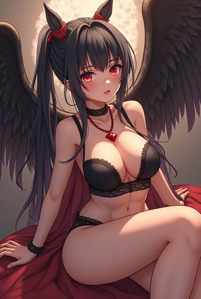 Glamorous、lovestruck、baby face、３D anime characters、in heat、ponytail black hair、Clean skin 、dark eyes、Beige lips、seductive pose、black breastplate,black panties、 black wings、Red Necklace、sleepy、Majestic Tower 、 hyperrealistic 8K、 ultra-high definition and re...