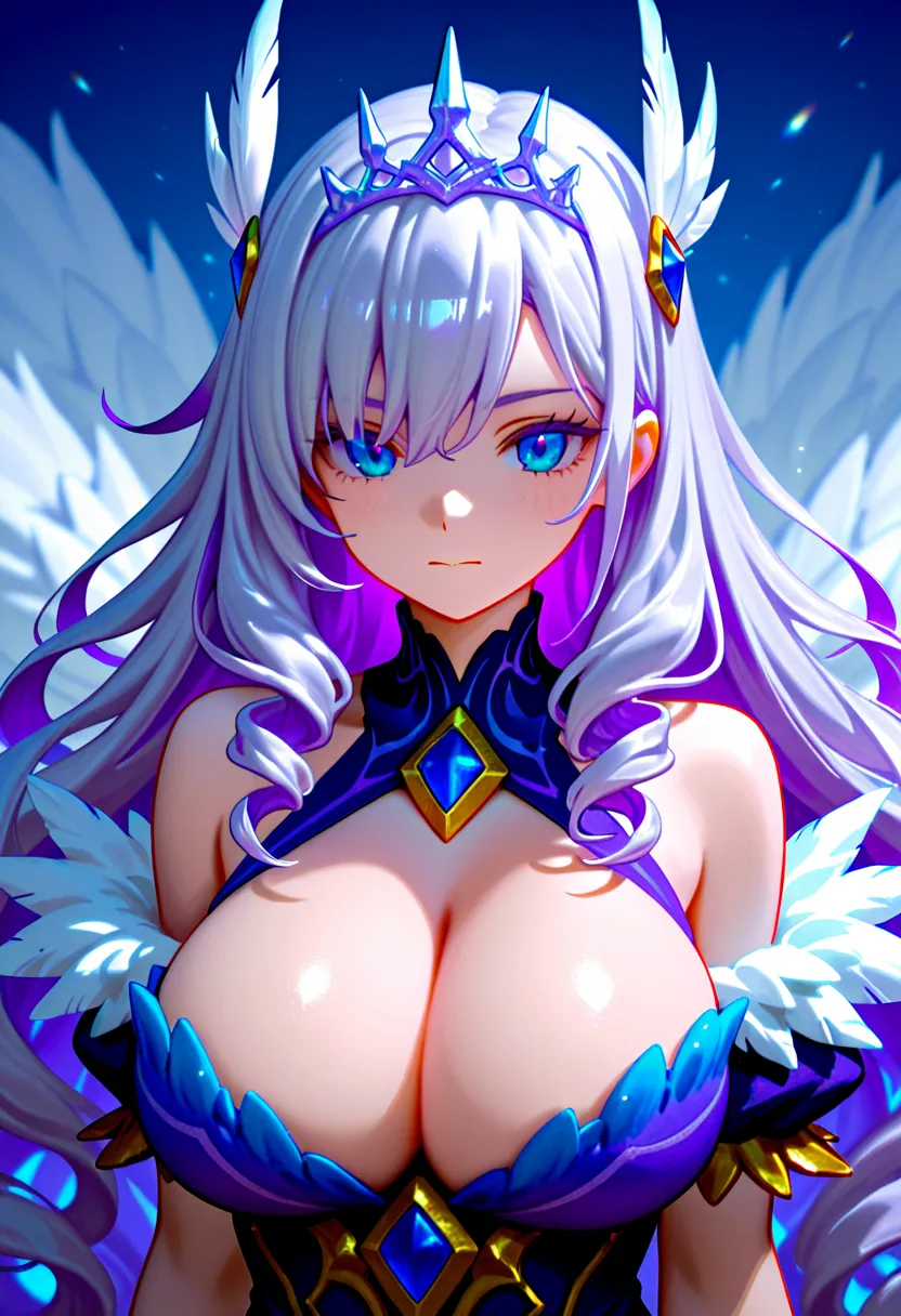 One girl, solo,

Super long hair, triple tail, curly hair, intake, purple hair, silver hair, colorful hair, colored hair inside,

feather hair accessory, tiara,

blue eyes,

big breasts, cleavage,