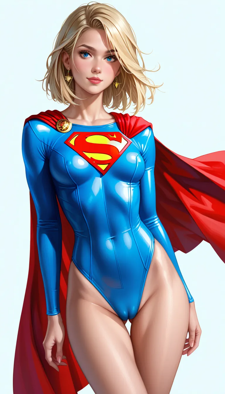 ((best quality, master part, absurdities)), ultra-realistic, (Supergirl: 1.5), Kara Zor-el, supergirl uniform, blue leotard, blue bodysuit, red cape, 20 years old, blonde, skinny girl, blue eyes, small breasts, slender legs, gap between thighs, frontal, co...