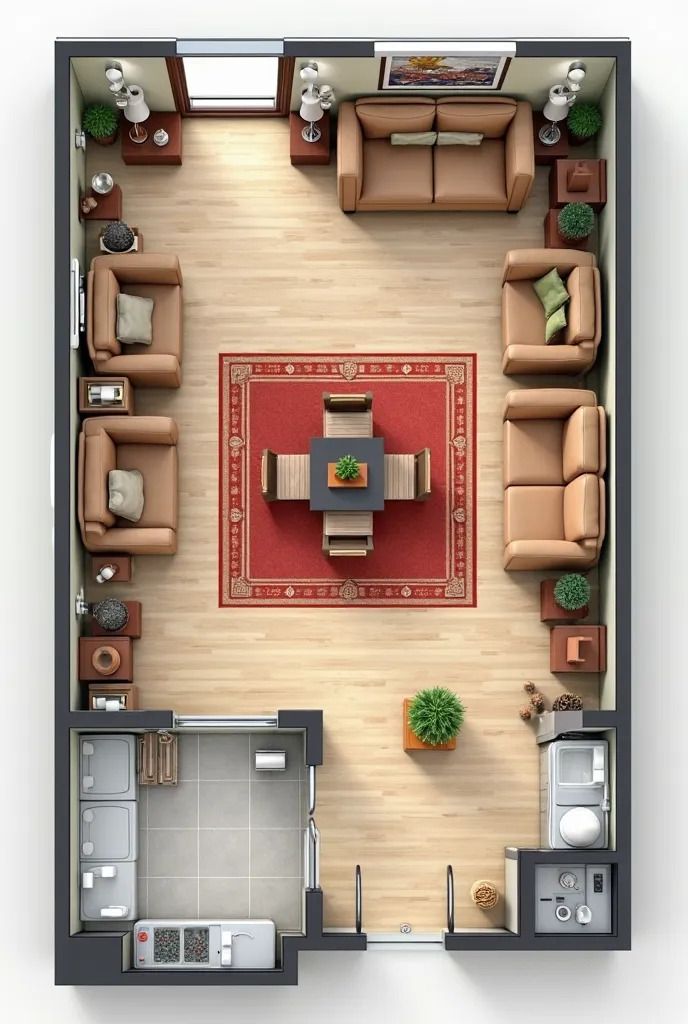 Create an architectural plan of an apartment with a living room with two brown armchairs placed on the side, In the middle of the room a table with four chairs on a red Persian carpet, a double room,  grow a juvenile room , a bathroom , a baggy kitchen, a ...