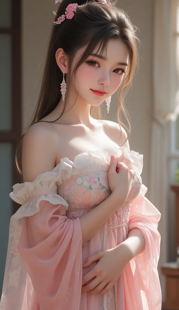 ((  Super Cute Young Face  :1.1),(  Sparkling Clear Glamorous Eyes  :1.1), (Japanese idol's face :1.1),  A Girl, Very Beautiful Cute Girl  ,(Baby Face:1.2),(18 years old:1.2),Delicate, smooth and soft straight brown hair, fair skin,(Happy and cheerful smil...