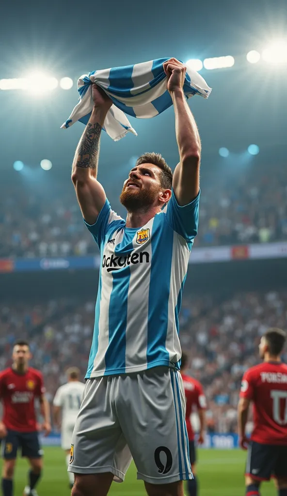 Messi taking off his jersey and holding it in the air for the Real Madrid crowd, recreating his iconic celebration. His expression is one of triumph, as the fans react with shock and admiration.