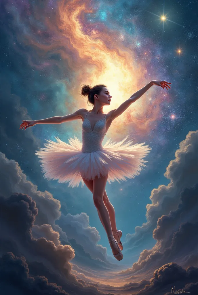 Painting of a ballet dancer moving across the space universe