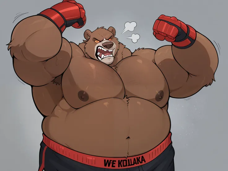 masterpiece, best quality, amazing quality, anthro bear, Solo, 1boy, Muscular Old, angry, focus, look at viewer, wide shoulder, pectoral, thick arms, huge pectoral, wide pectoral, height: 220cm, weight: 440lbs, a Kodiak brown bear in an MMA shorts with red...