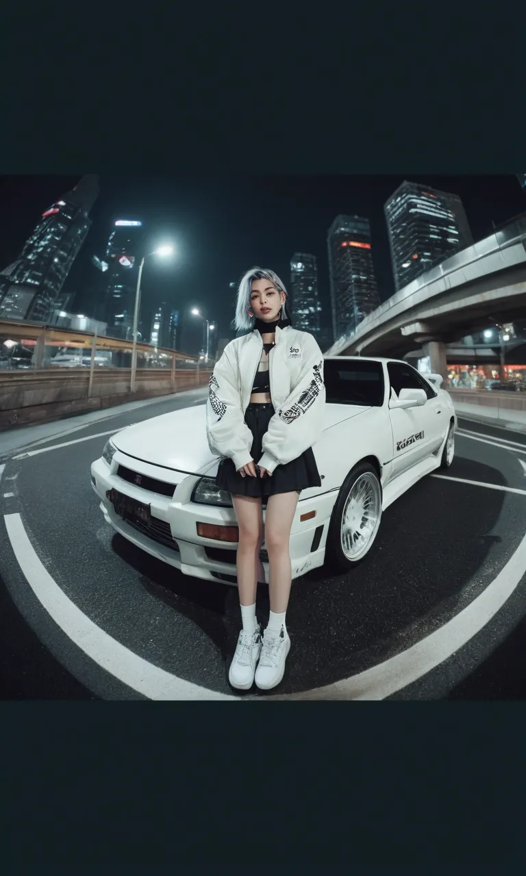 arafed beautiful woman standing on a car in a city at night,  style mixed with fujifilm, cyberpunk streetwear, wearing cyberpunk streetwear, japanese streetwear, wearing japanese techwear, vibes, aesthetic cyberpunk, cyberpunk vibes, muted cyberpunk style,...