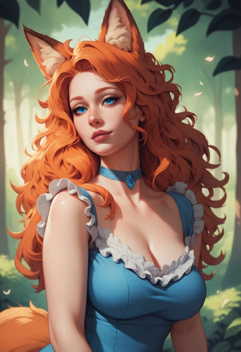 masterpiece, best quality, best detail, 1 woman, adult woman, mature woman, (Bright blue eyes), long hair, ginger hair, messy hair, fox ears, fox tail, (freckles), blue choker, blue dress, frilly dress, forest town background 