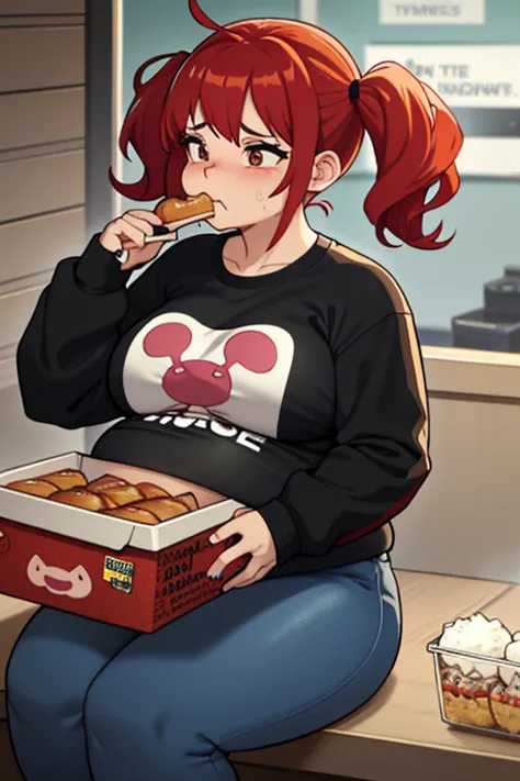 Chubby girl, plump hamster-like cheeks, two short pigtails with red hair, eating, big belly, brown eyes, parts,  black sweatshirt ,  ripped skinny jeans , , depressed, binge eating, sad, tired,