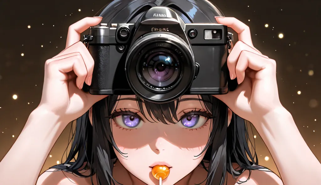 A girl with lilac eyes, black hair, big boobs, She wears sunglasses and has a lollipop in her mouth, staring at the camera, And with golden particles around, expressive and beautiful , top camera