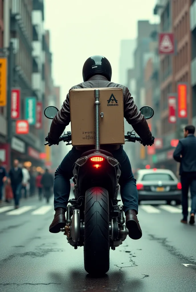 Motorcyclist with a bolt on the delivery man's back