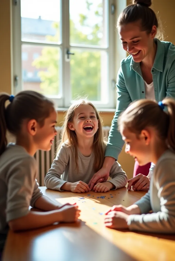 She makes an image with ren who are in a school playing round, they show a lot of joy and their teacher is looking at them with enthusiasm, In the upper part say the motto "We come to learn through play"