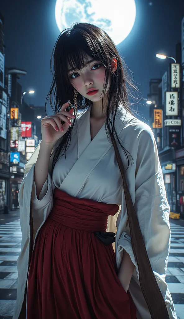 Alone、One Woman 、anime touch、masterpiece、top quality、 smoking a cigarette、 cyberpunk、 futuristic city、  Night、 moon 、 furrowed brow、 Black asymmetrical lob hair、  miko、 White priestess robe、 red hakama、Big Breasts、green eyes、earrings、ring、brown leather Cap...