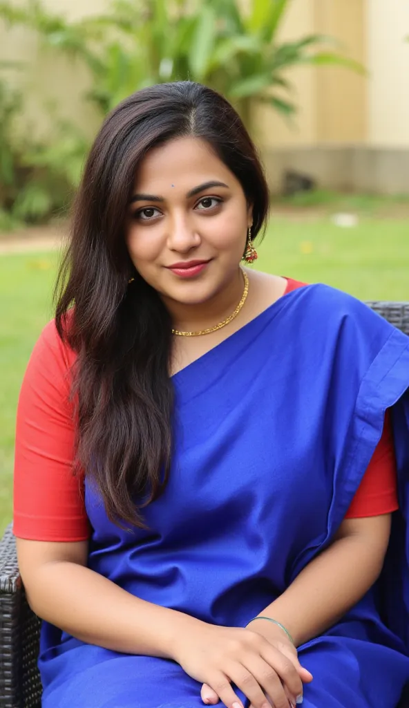 A malayali house wife, in blue satin saree and sleeveless red cotton blouse , ethnic saree fashion photo shoot, long hair in front , wearing beautiful earring and gold chain in neck, sitting pose in chair, looking at camera, garden as back ground , morning...