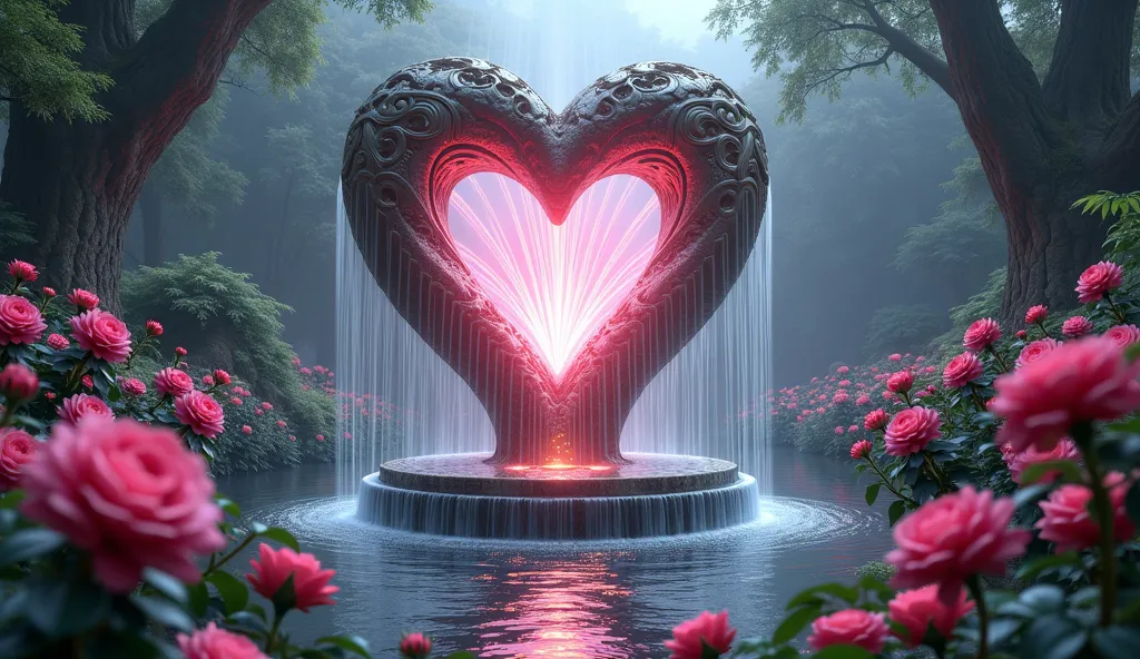 A mystical scene in an enchanted garden, where a heart-shaped fountain pours sparkling, glowing water. The garden is filled with exotic flowers blooming in heart shapes, and the air is filled with the scent of roses.