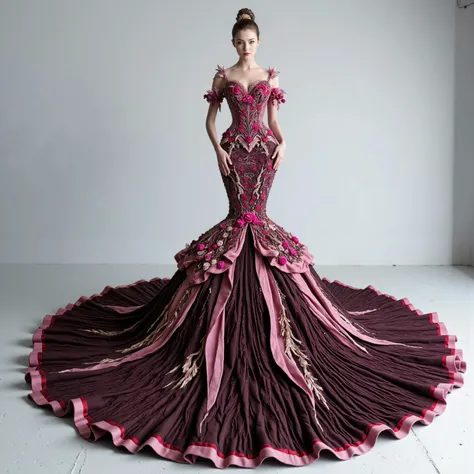 A very light pink silk and satin mermaid style full-length gown with a fitted bodice and a super oversized flared skirt that has giant raised up ruffles at the bottom. This ridiculously tall and oversized gown requires super high platform shoes that will ...