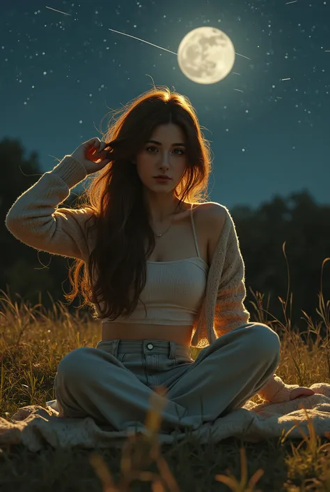 (photorealism:1.2), beautiful woman, sitting on grass was midnight star's, wearing a crop shirt and a jumper , while her hand messing her long dyed hair, ioutdoors background moon above with shooting stars , relaxed pose, realistic, intricate details, warm...