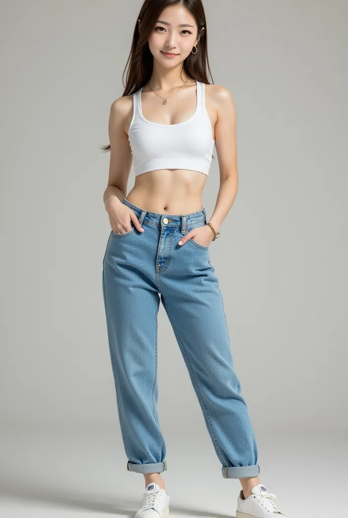 (very detailed)  A cute Korean girl is wearing a sports bra, white, and jeans that are very big at the waist. She seems to have succeeded in dieting.,Full body image ,sneakers