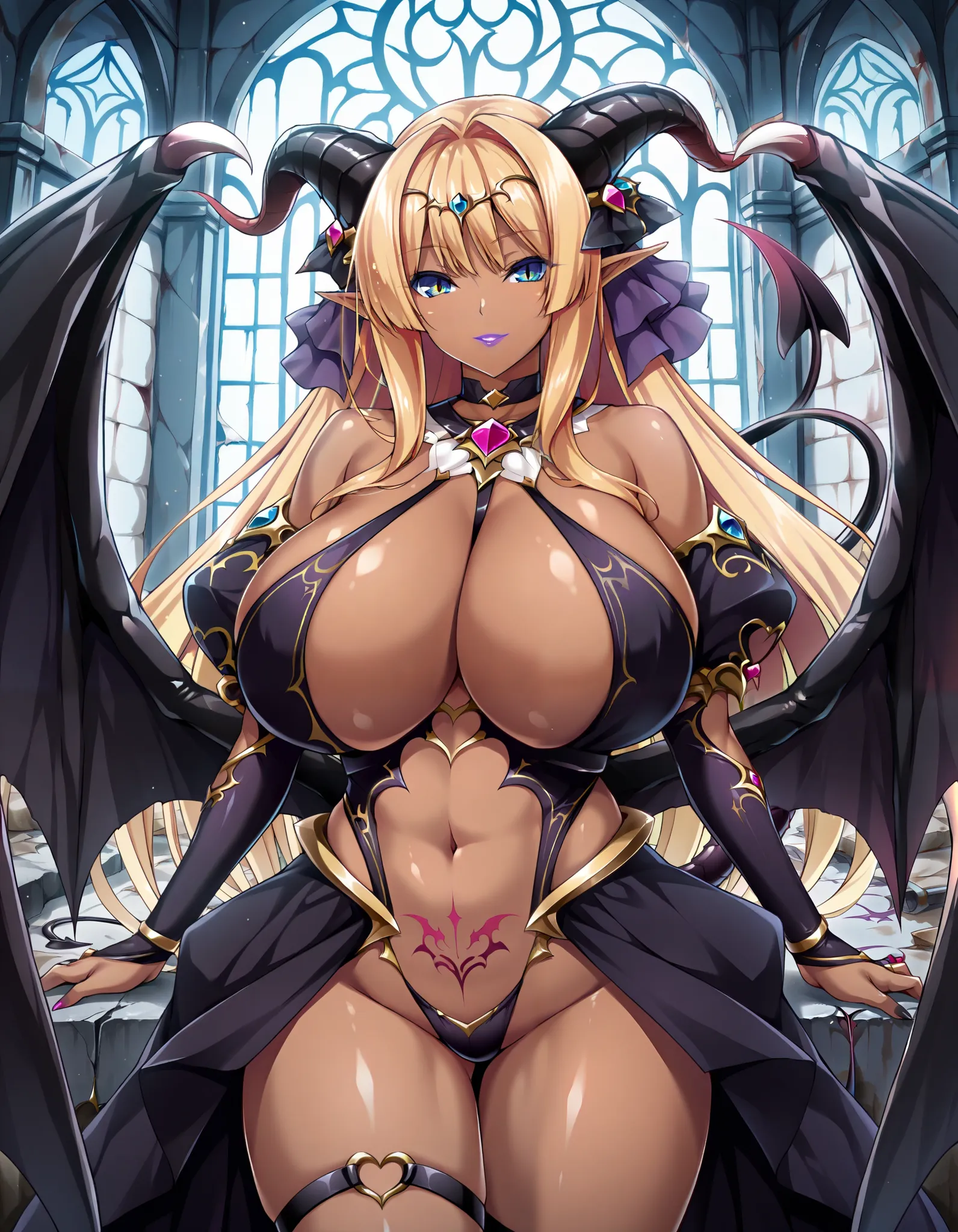 masterpiece, ultra detailed, high resolution, 4K, 8K, 1girl, milf, solo, (dark skin, dark brown skin:1.3), voluptuous, plump, kaede, demon form, inoino, (gigantic breasts), (((blonde hair), long hair, long sidelocks, bangs, blue eyes, pointy ears, demon ho...