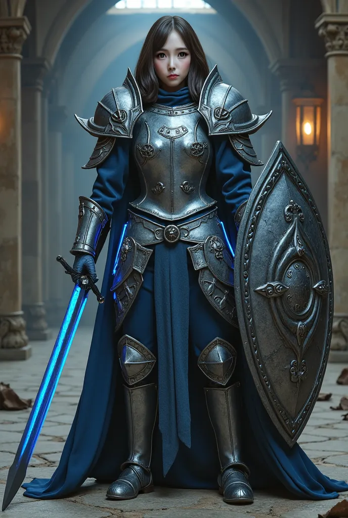 fantasy European style full plate armor、((Japanese woman fighting posture with a large sword in her right hand))、has a large shield on her left hand, I'm wearing blue glowing armor that shows cleavage。, contrast ratio between people showing their full body...