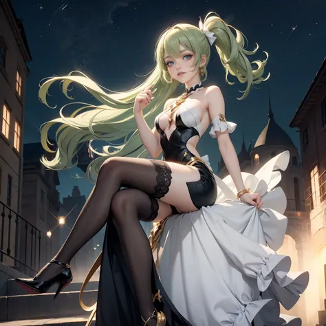 1girl, green hair, black dress, solo, ponytail, ahoge, glow eyes, gala dress, garter on the legs, full body shot, strapless, streaked hair, cute pose, very long hair, long flowing hair, v neckline, meet gala aesthetic, red carpet style, full body, too many...