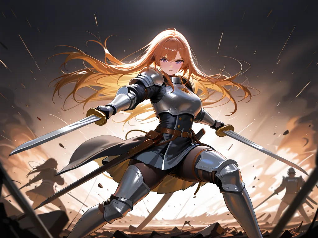 absurdres, highres, masterpiece, best quality, very awa, newest, highly detailed, intricate details, battlefield scene, multiple knight girls, battle-worn armor, swords raised, shields in hand, intense motion, chaotic battle, scattered debris, smoke rising...