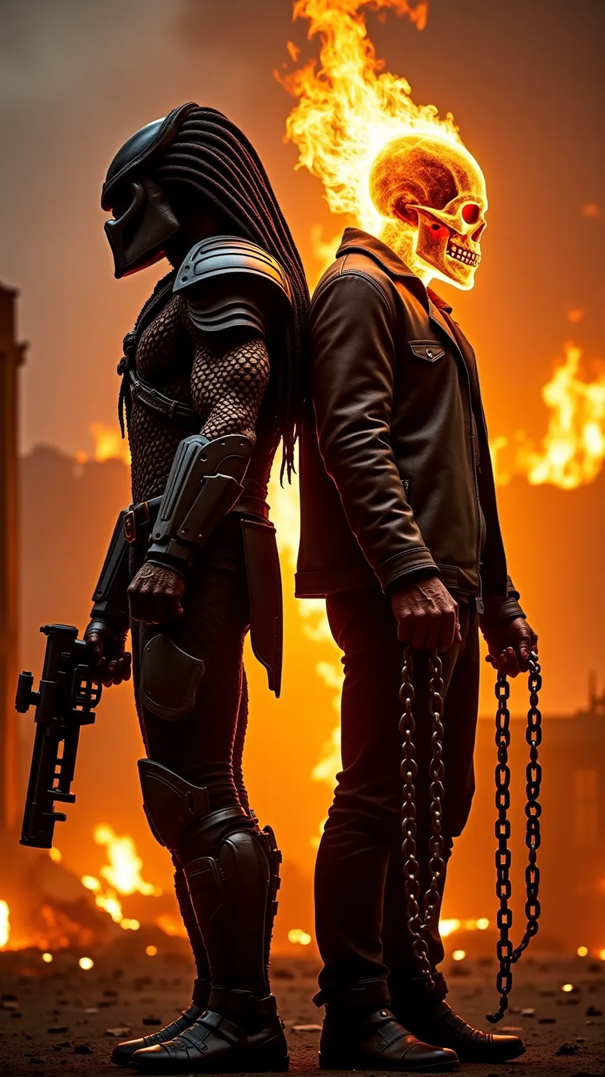 Predator and Ghost Rider stand back to back, their powerful silhouettes outlined by fire and shadows.
Predator, clad in high-tech armor, grips his plasma caster, his alien dreadlocks swaying slightly in the smoky air.
Ghost Rider, his flaming skull burning...