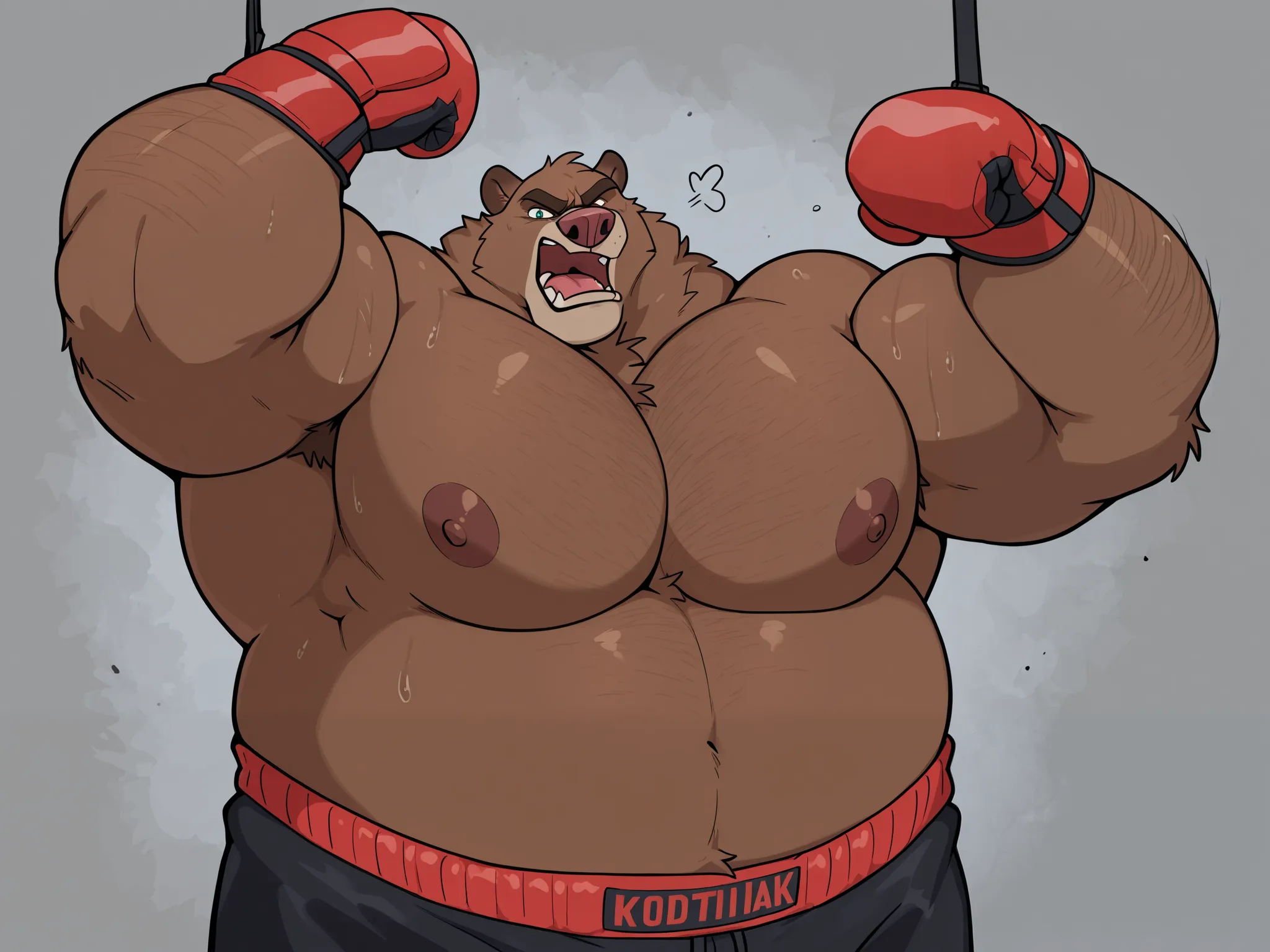 Solo, 1boy, Muscular Old, angry, focus, look at viewer, wide shoulder, pectoral, thick arms, huge pectoral, wide pectoral, height: 220cm, weight: 440lbs, a Kodiak brown bear in an MMA shorts with red slits wearing an MMA gloves with red knuckle pads and an...