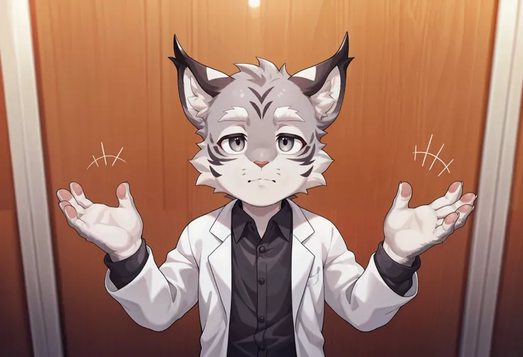 solo, 1boy, (gray fur:1.3), lynx, cat face, (young:1.3), shota, white eyebrows, lab coat, close-up, calm expression, Frustrated, (standing with Palms up gesture), Shrugging hands, Open hand expression, in Band Rehearsal Room, score_9, score_8_up, score_7_u...