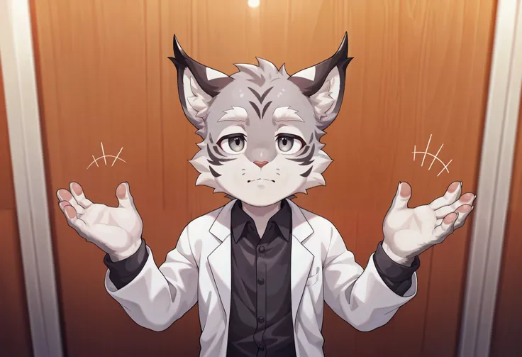solo, 1boy, (gray fur:1.3), lynx, cat face, (young:1.3), shota, white eyebrows, lab coat, close-up, calm expression, Frustrated, (standing with Palms up gesture), Shrugging hands, Open hand expression, in Band Rehearsal Room, score_9, score_8_up, score_7_u...