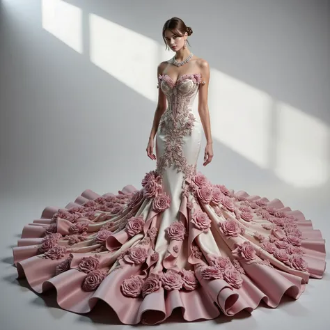 a white silk and satin mermaid style full-length gown,fitted bodice,super oversized extra long flared skirt,giant raised up ruffles,photorealistic,8K,detailed fashion portrait,dramatic lighting,cinematic composition,intricate details,seamless blend of real...