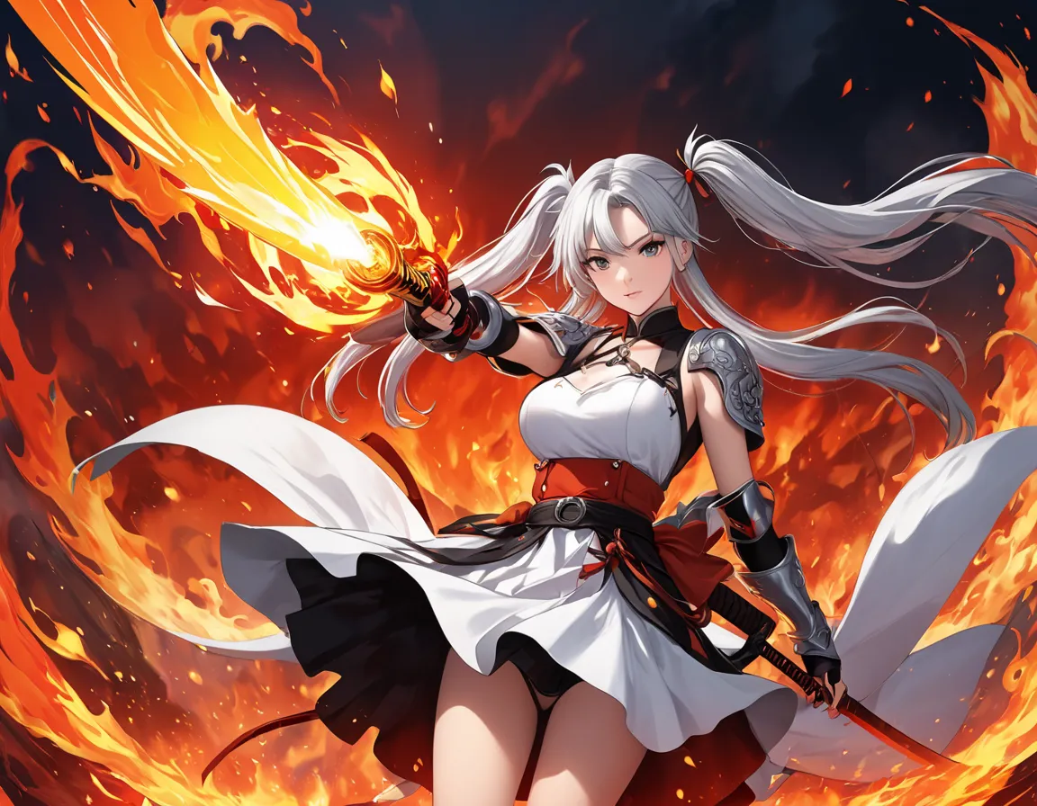 high quality, 8k, 4K, high contrast, masterpiece:1.2, 最high quality,  long silver hair 、beautiful girl with twin tails、Pretty Swordsman in the Ring of Fire、Fire Splash Art