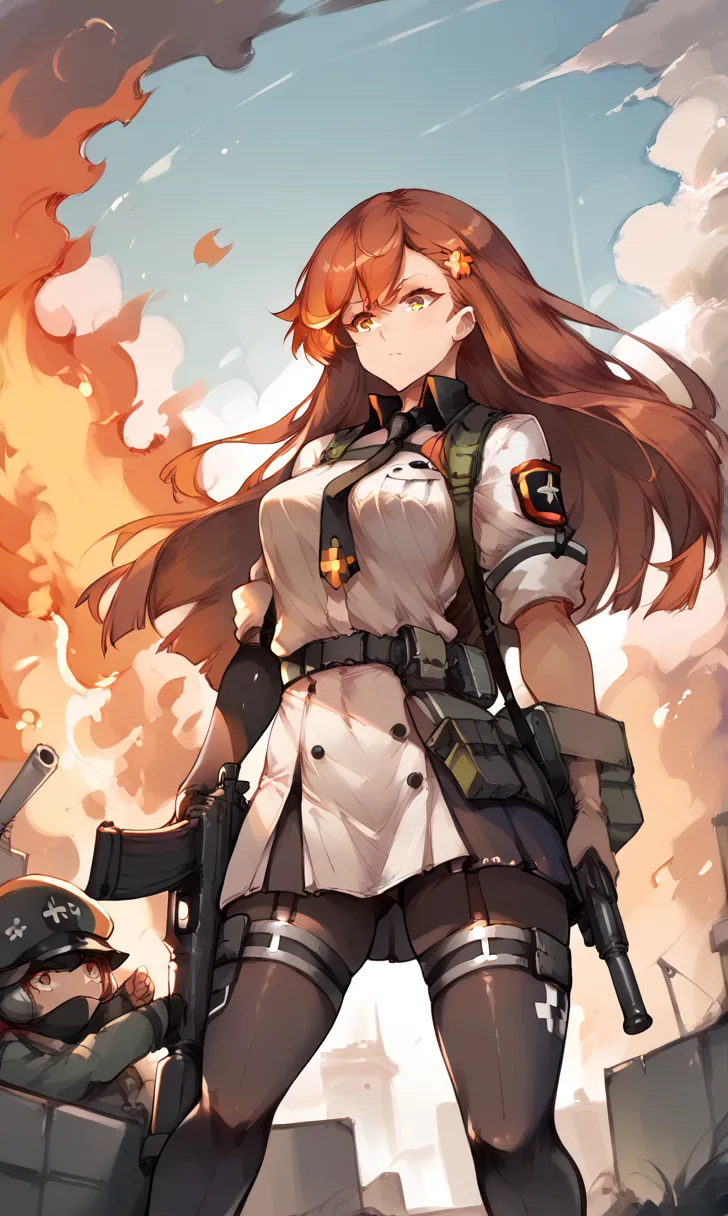 anime girl with a gun and a gun in her hand, an anime drawing by Akihiko Yoshida, pixiv, auto-destructive art, mechanized soldier girl, anime machine gun fire, kantai collection style, kancolle, girls frontline style, from girls frontline, fine details. gi...