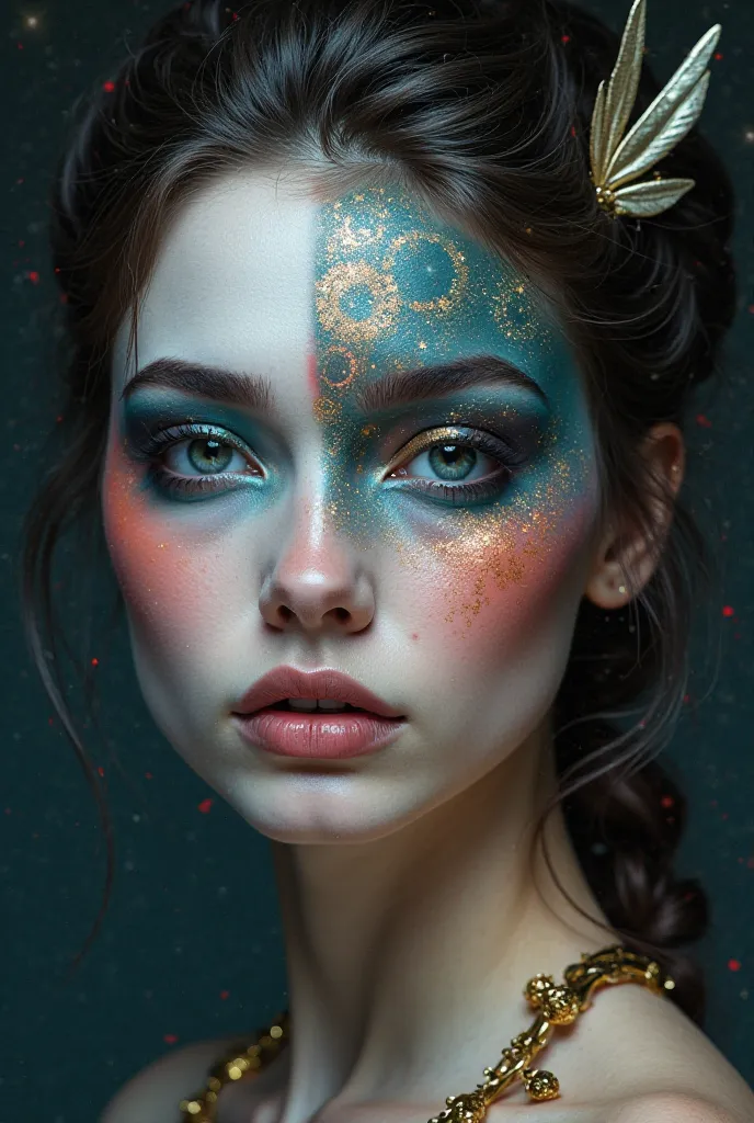 Chat, generates an image referring to the makeup of each zodiac sign starting with the Gemini sign. Which makeup represents Gemini. 
Make an artistic makeup with mystical elements 