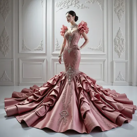 a white silk and satin mermaid style full-length gown,fitted bodice,super oversized extra long flared skirt,giant raised up ruffles,photorealistic,8K,detailed fashion portrait,dramatic lighting,cinematic composition,intricate details,seamless blend of real...