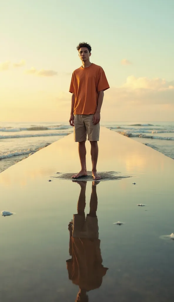 Surreal fashion photography of the model standing on the edge of an endless pier that seems to disappear into the sky. The water is perfectly calm, creating a mirror-like reflection that flawlessly duplicates the model and his terracotta t-shirt. His postu...