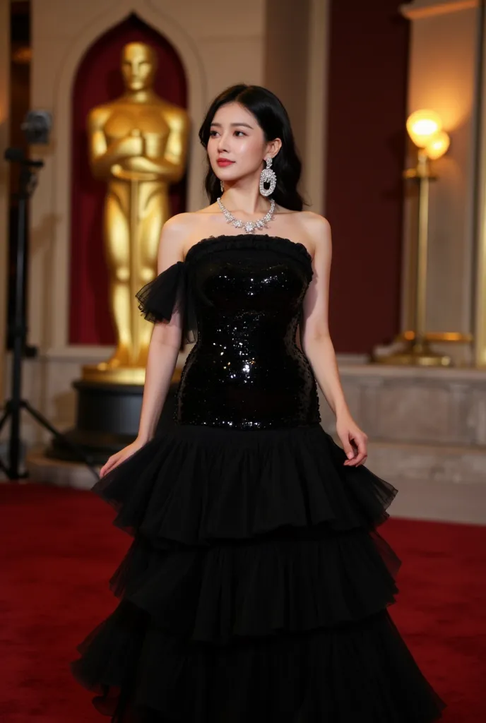 (Super detailed body, super detailed face, best quality: 1.2), beautiful Korean female model upper body, looking at the audience, alone (wearing tight black luxury custom made multi-ruffled one-shoulder sequined evening gown,), multi-layered diamond earrin...