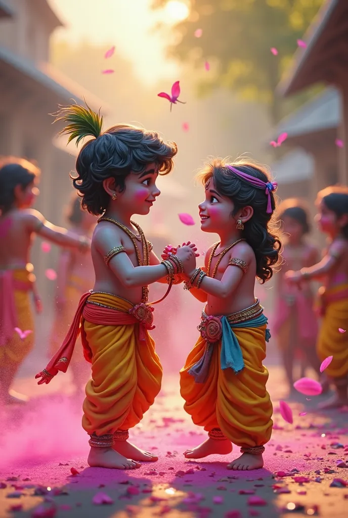 Prompt:
"A hyper-realistic 3D depiction of little Krishna and Radha joyfully playing Holi in Vrindavan. Young Krishna, with a playful smile, sprays vibrant gulal (colored powder) on little Radha, who giggles while holding a small pichkari (water sprayer) f...