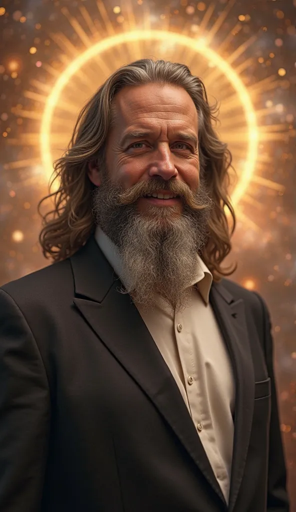 Jesus-like pastor (beard and hair), From the front looking at me, smiling, in a suit, studio Cosmic background. best quality, 16k,  realism, Cinematic 