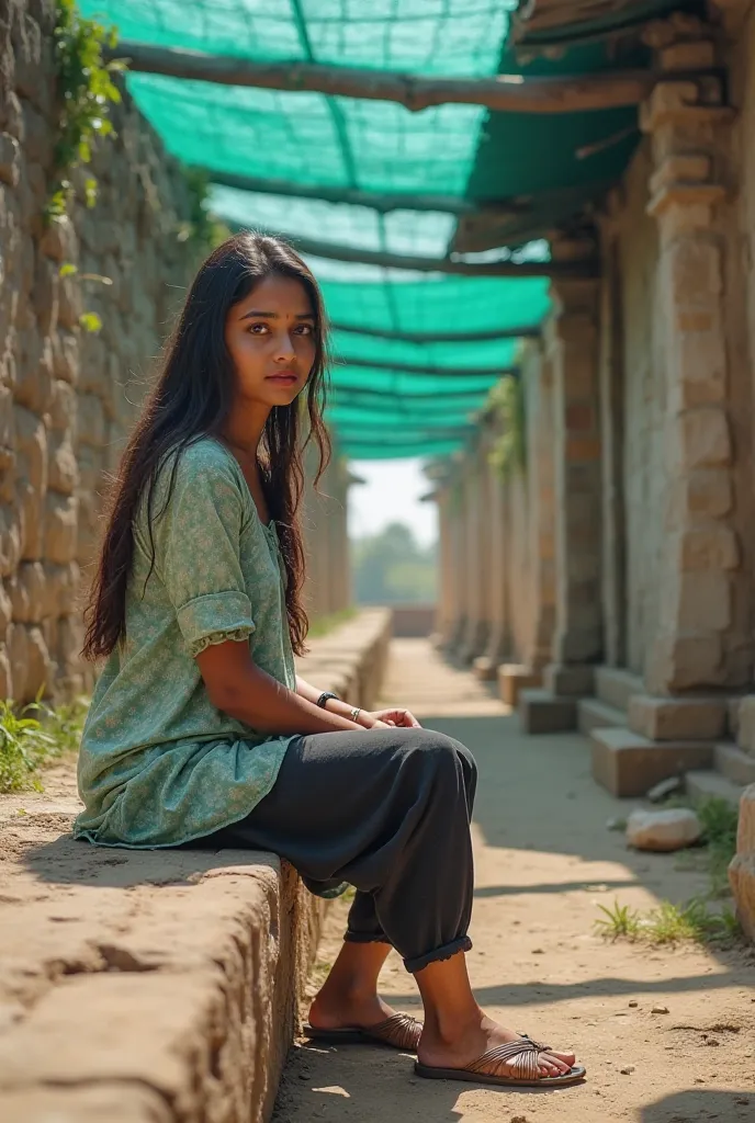 Young indian woman (20-25 years old), Indian ethnicity, seated on a stone wall, light green patterned top, dark trousers, sandals, outdoor shot, sunny day,  rugged, pathway leading through a partially covered area, a temple structure in the background, nat...