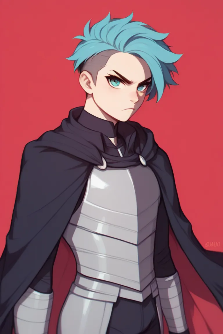 Man with short hair in light blue, very short light blue hair, short tufts backwards, black shaved right side hair, hair on the left side shaved in black, barbed hair up, hairstyle backwards, blue eyes, wear silver-colored armor with a black outfit underne...